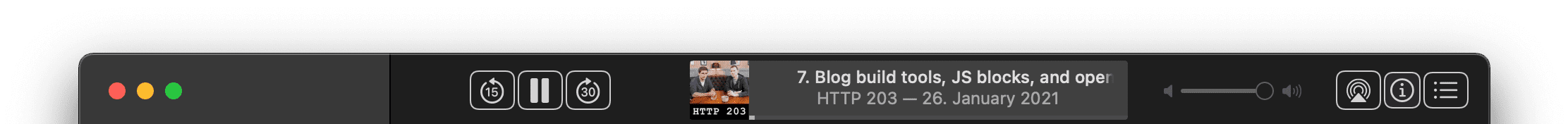Una barra del titolo dell&#39;app macOS Podcasts che mostra i pulsanti di controllo dei contenuti multimediali e i metadati relativi al podcast attualmente in riproduzione.