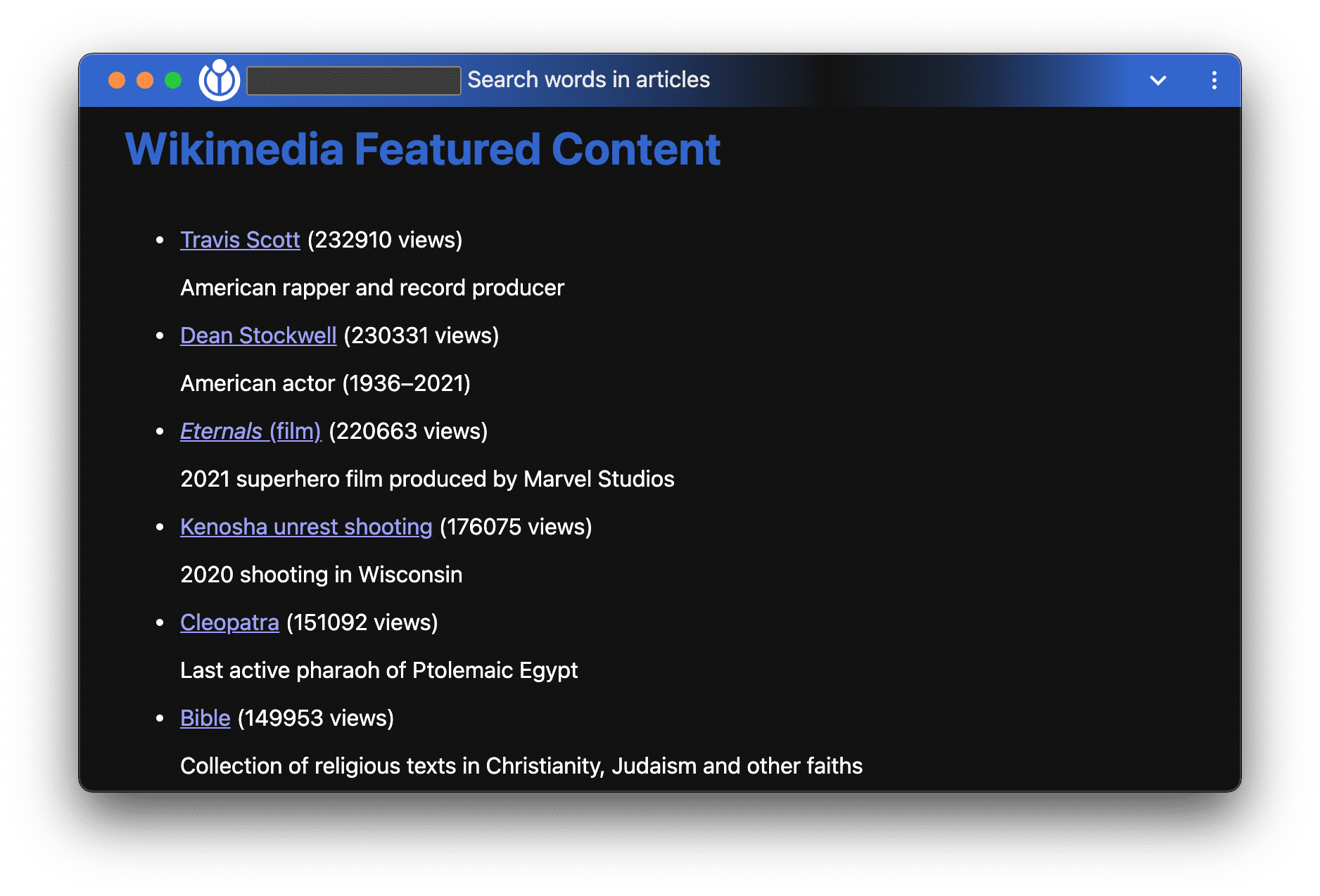 Application de démonstration du contenu sélectionné Wikimedia avec superposition des commandes de fenêtre.