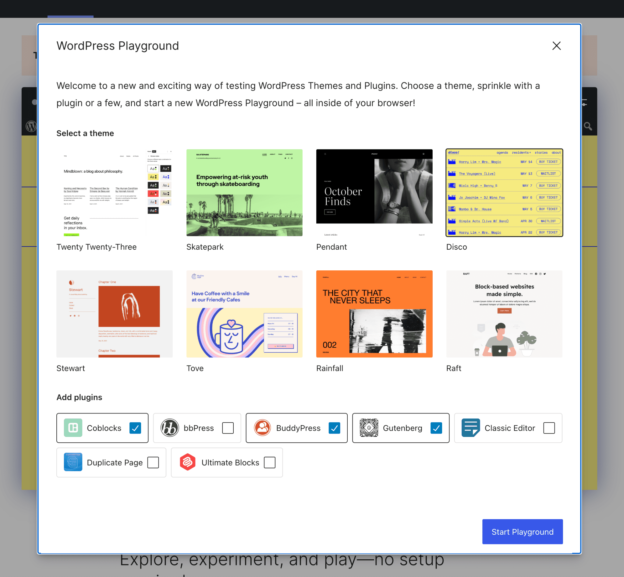 אתר תצוגה של WordPress Playground.