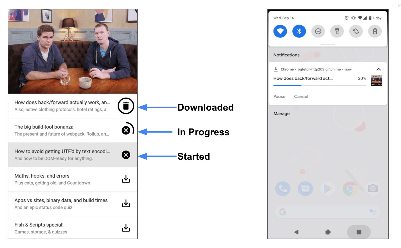 Capture d&#39;écran d&#39;une PWA de podcast.