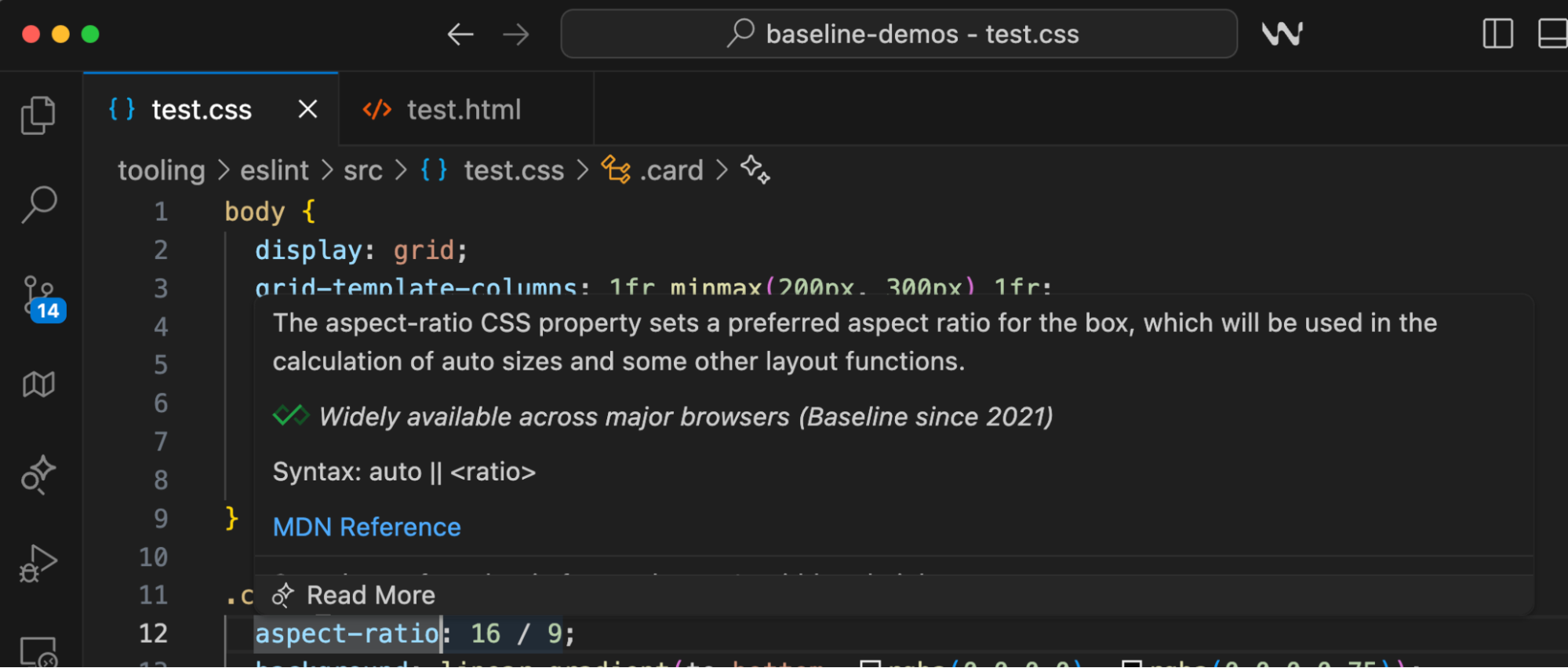 用户将鼠标悬停在某个功能上时,Windsurf IDE 中显示的 Baseline 悬停卡片。