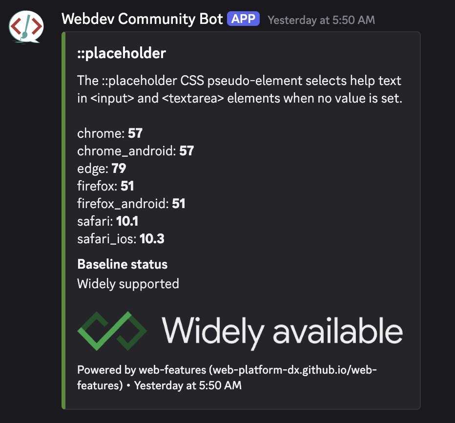 Baseline 机器人,在 Web 开发和 Web 设计 Discord 社区中显示有关 Web 功能的数据。
