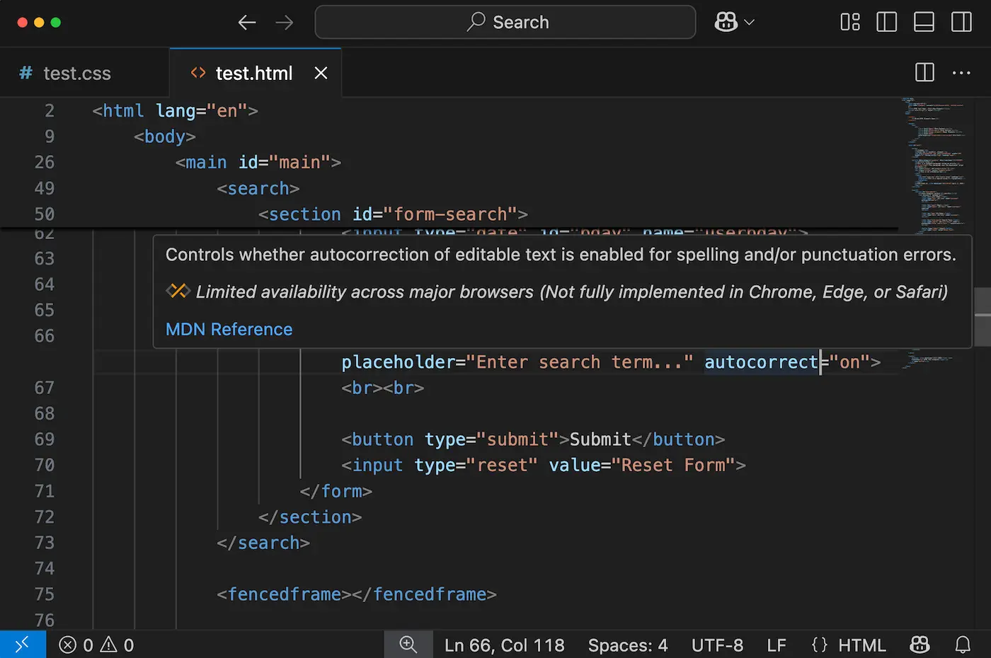 The hovercard for the limited availability autocorrect HTML attribute