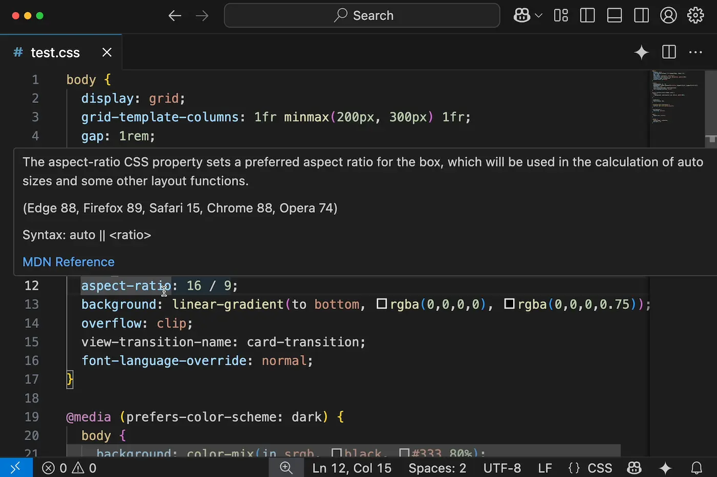 Hovering over the aspect-ratio CSS property in earlier versions of VS Code, with browser support expressed in terms of version numbers: Edge 88, Firefox 89, Safari 15, Chrome 88, Opera 74