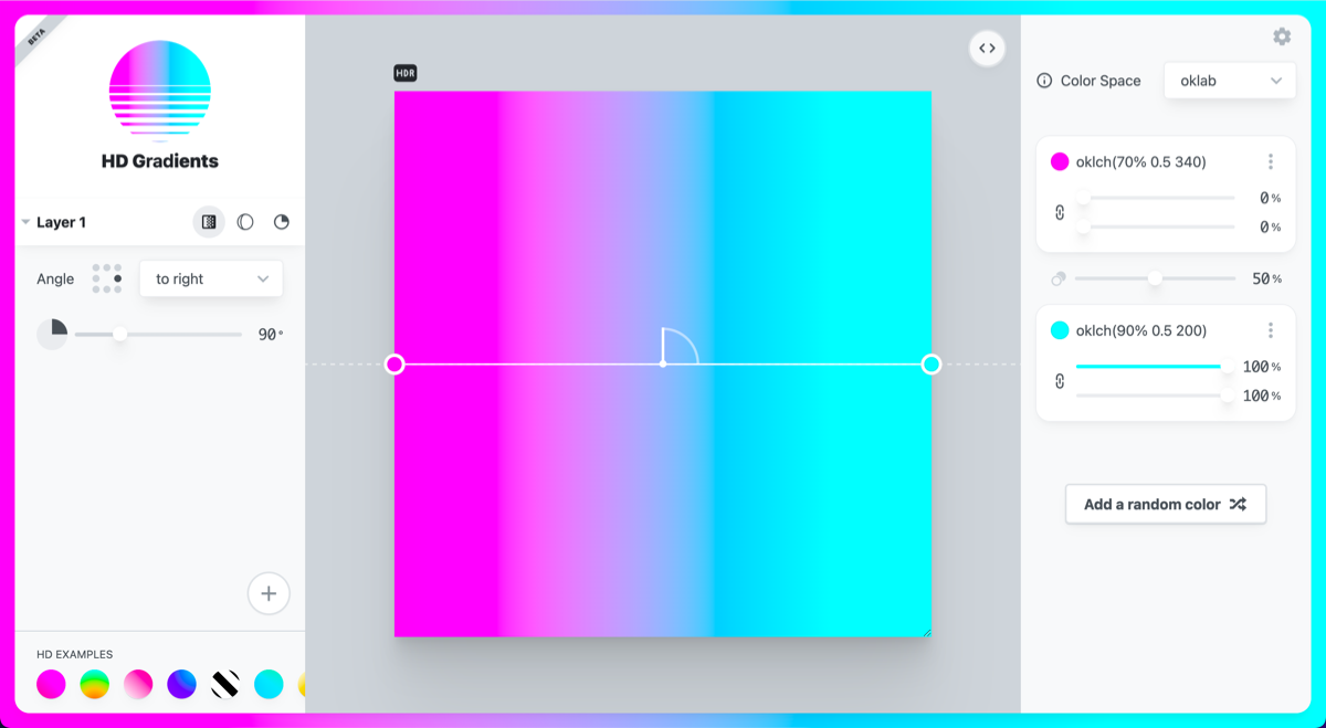 ピンクから青の鮮やかなグラデーションを含む Gradation.style エディタのスクリーンショット。