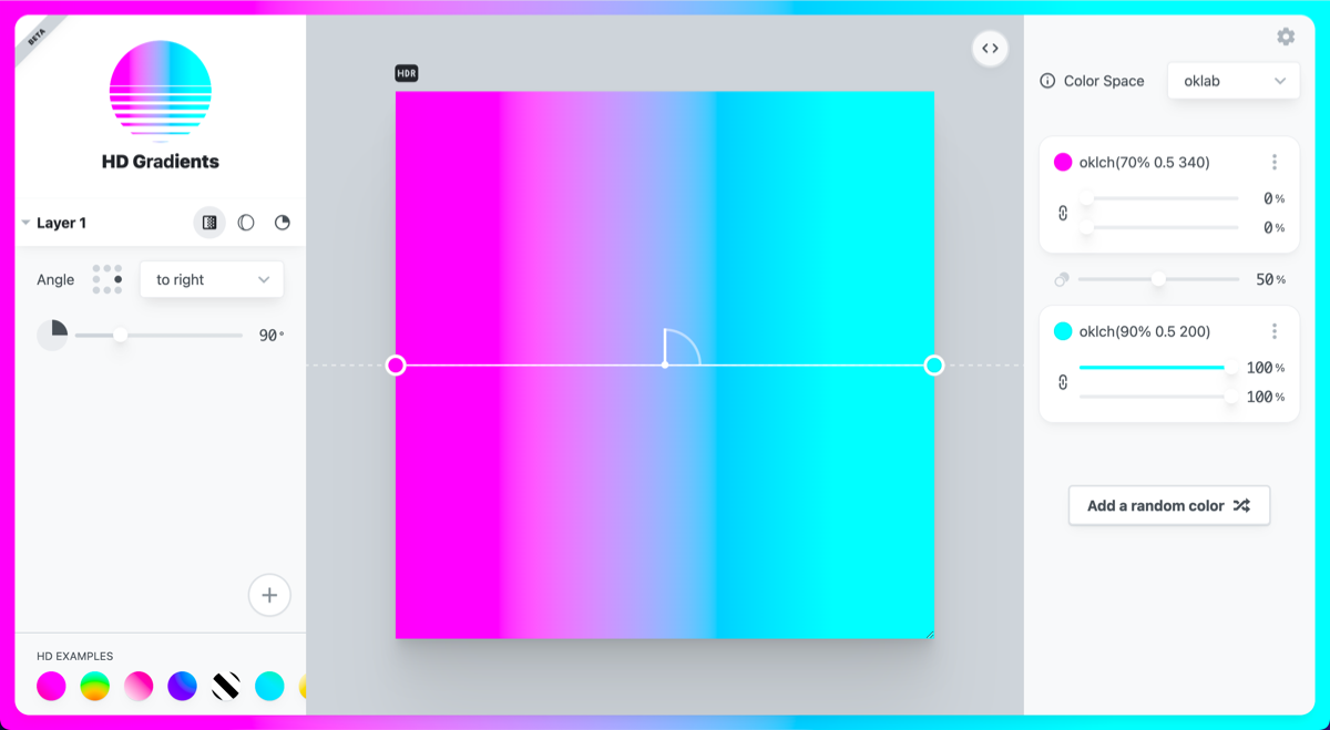 Ảnh chụp màn hình trình chỉnh sửa gradient.style với hiệu ứng chuyển màu rực rỡ từ hồng sang xanh dương.