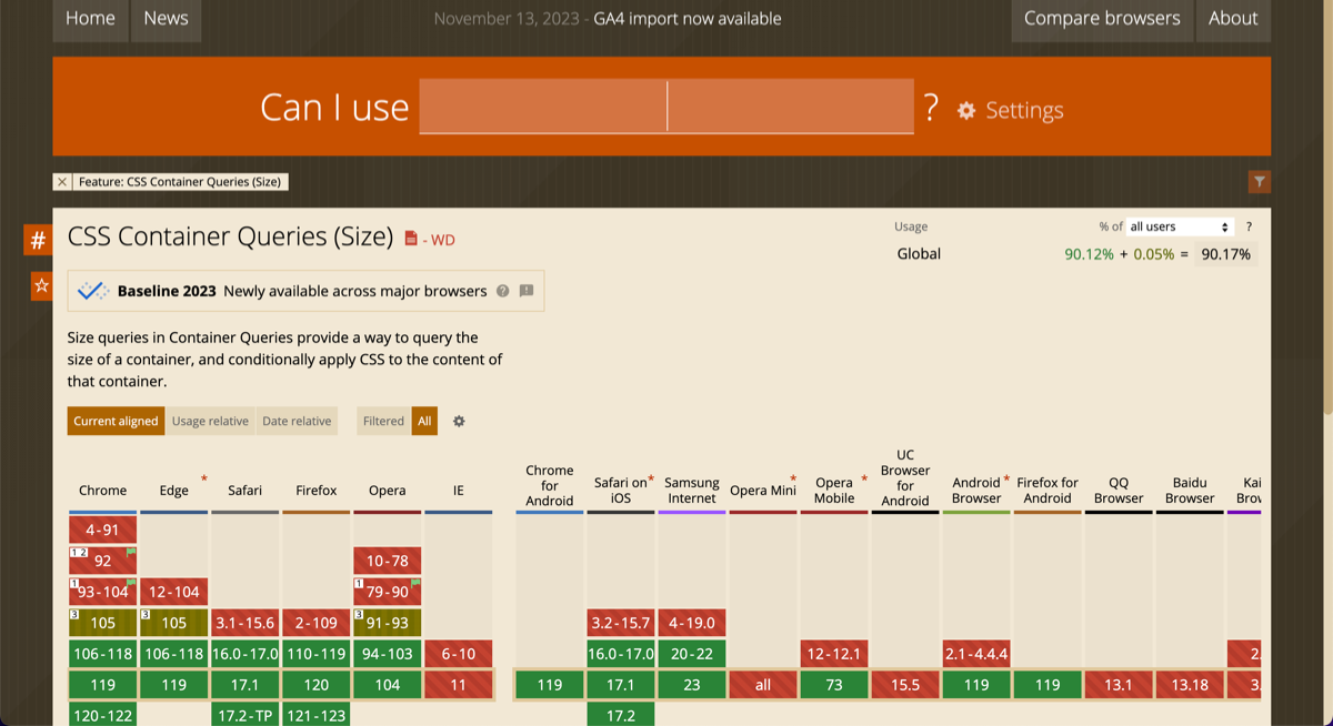 Screenshot of Can I Use with the Baseline Newly available badge on Container Queries.