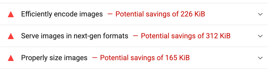 Tiga audit pengoptimalan gambar dalam laporan Lighthouse