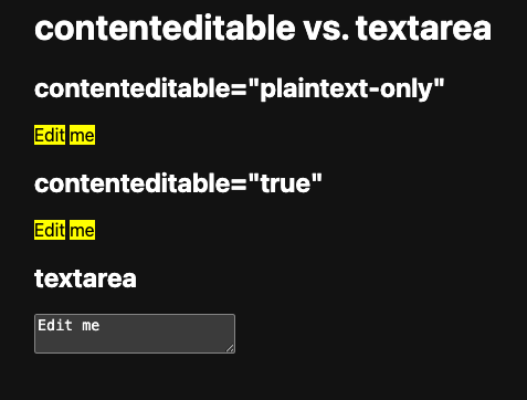 Demo showing how the CSS Custom Highlight API only works with the contenteditable div elements, but not the textarea.