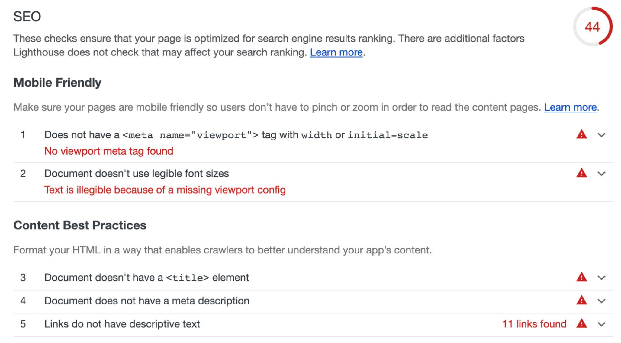 A lighthouse SEO report with a score of 44 and warnings about mobile-friendliness as well as warnings about content best practices