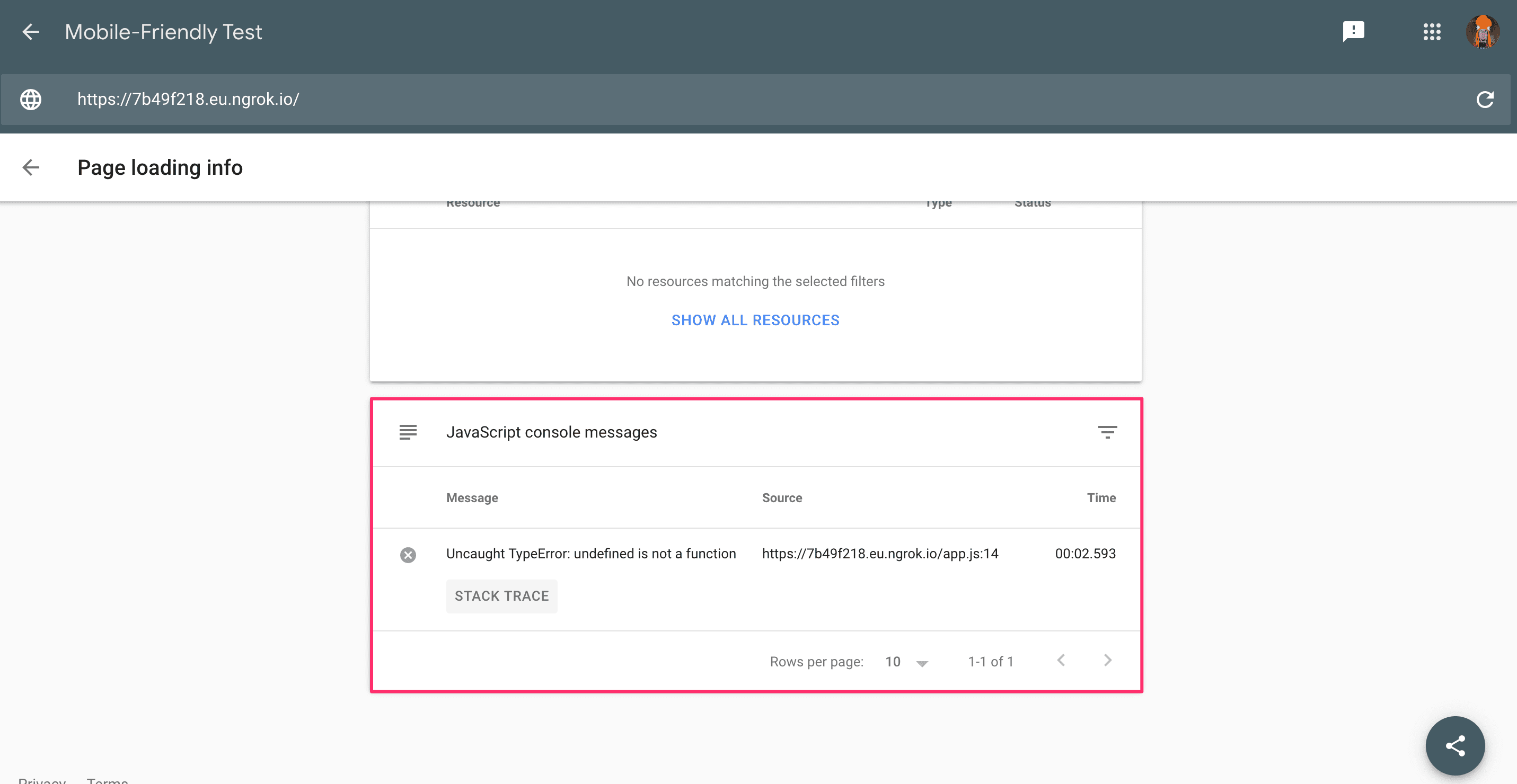 The Mobile-Friendly Test shows JavaScript errors and a stack trace.