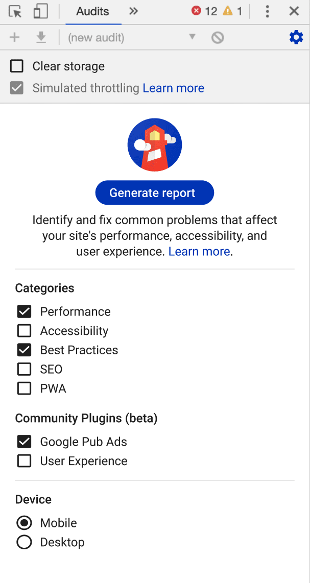 Panel Audits de las Herramientas para desarrolladores de Chrome con opciones para ejecutar los complementos de Lighthouse para los anuncios del publicador de Google y la experiencia del usuario.