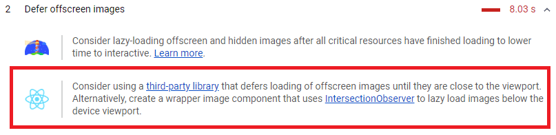 Recommandation du rapport Lighthouse concernant le report des images hors écran dans les applications React.