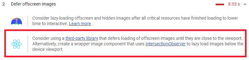 Suggerimento del report Lighthouse per il differimento delle immagini fuori schermo nelle applicazioni React.