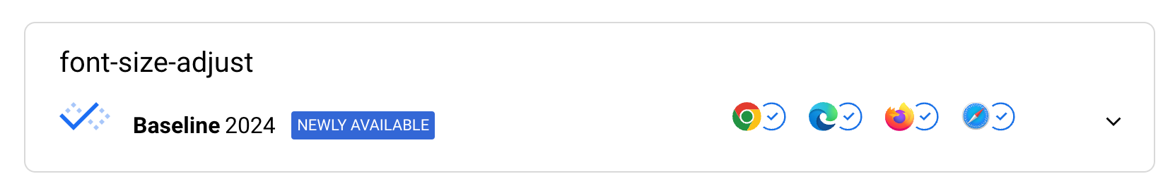 The component showing that font-size-adjust is Baseline Newly available.