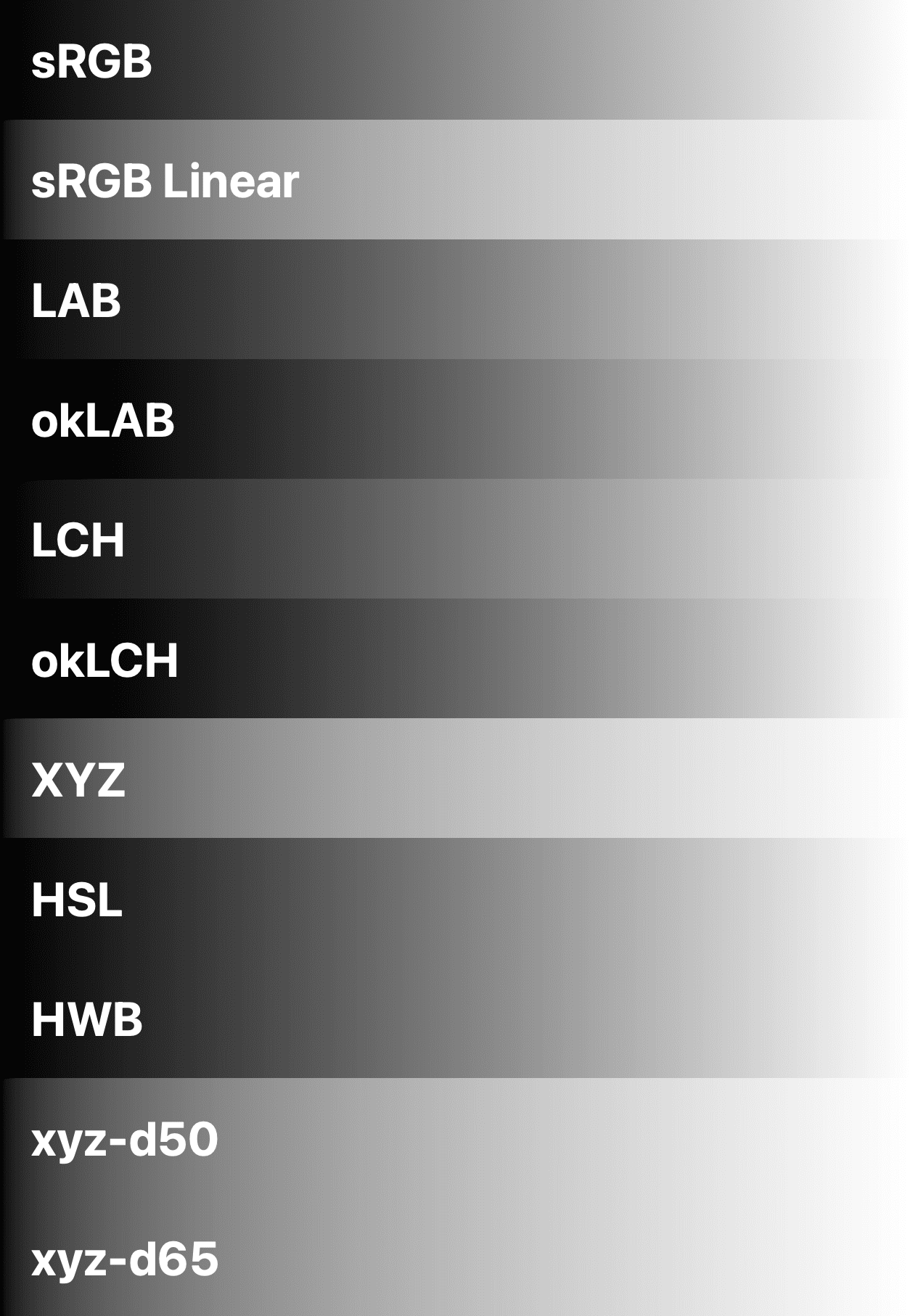 11 color spaces shown comparing black to white.