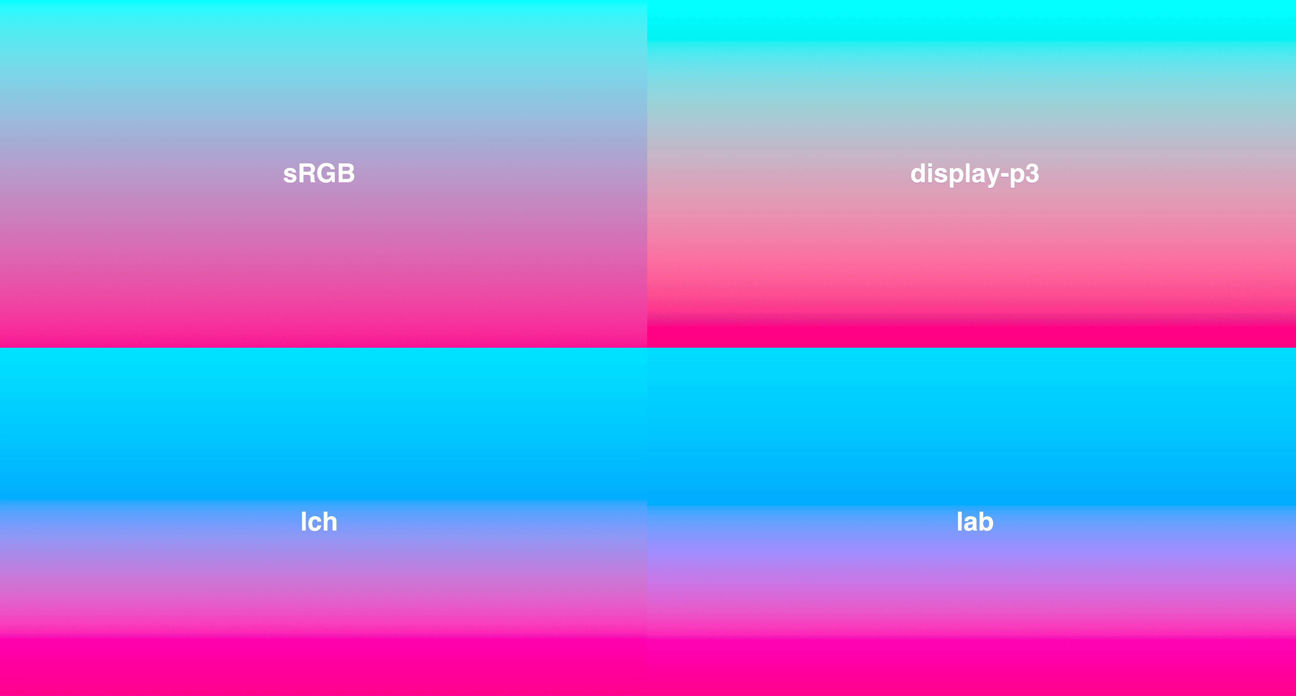 网格中的 4 种渐变效果，全部由青色到深粉色。LCH 和 LAB 的活力更一致，其中 sRGB 中间的饱和度偏低。
