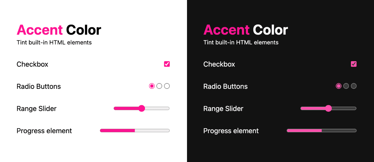 Light and dark accented HTML elements side by side for comparison.