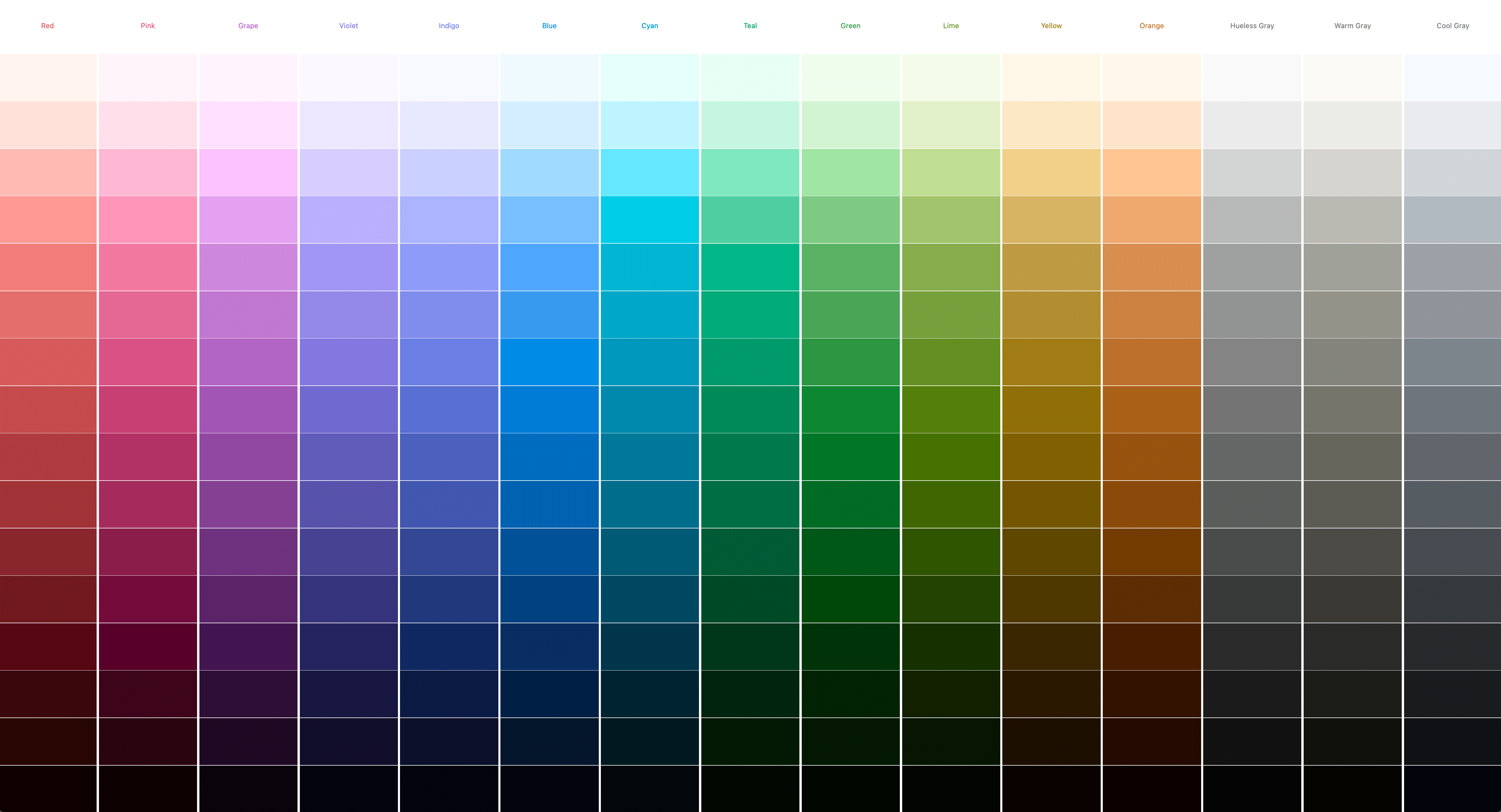 Captura de pantalla de 15 paletas generadas de forma dinámica por CSS.