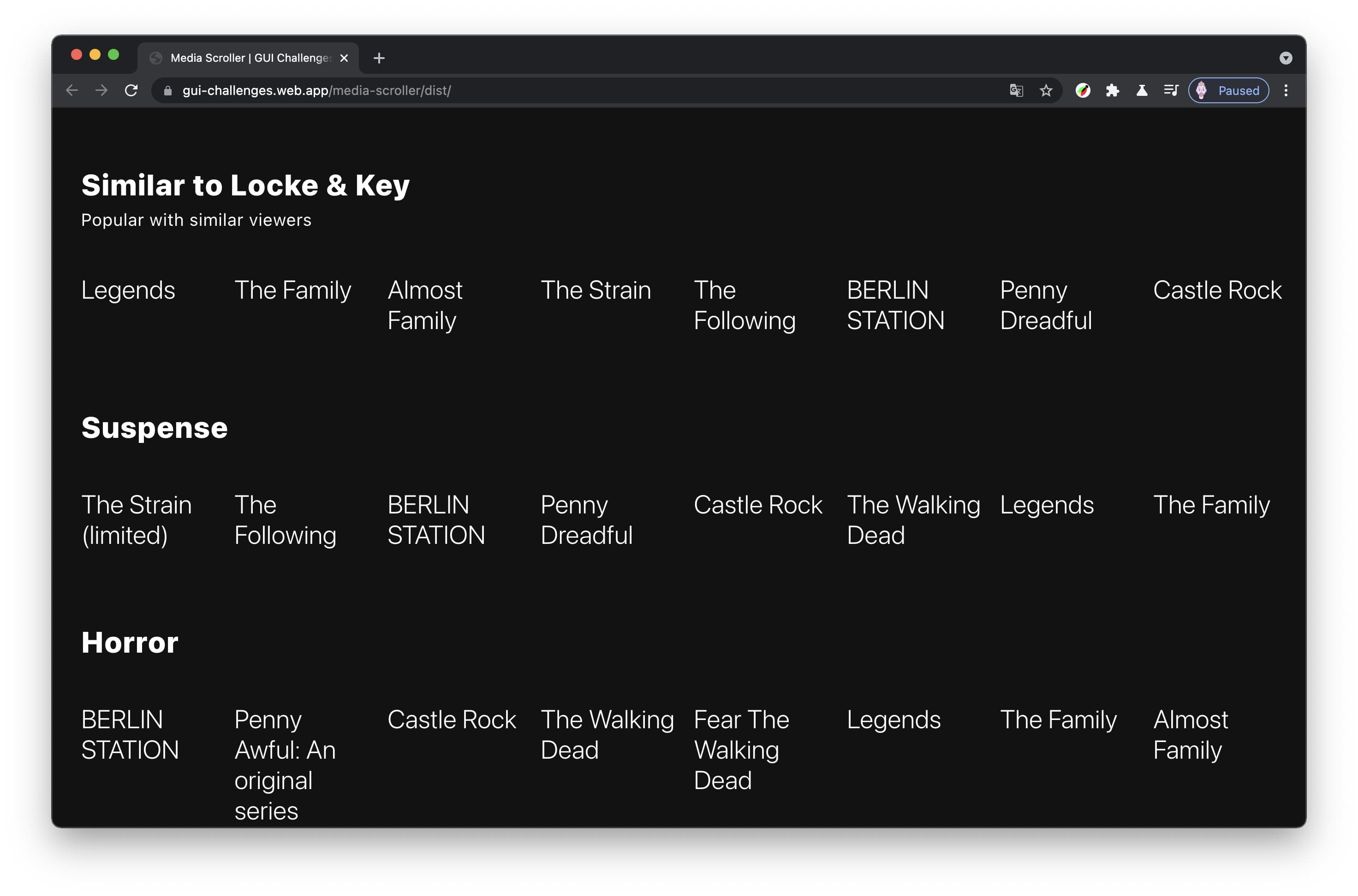Captura de pantalla de la interfaz de un carrusel de programas de TV sin miniaturas y se muestran muchos títulos.