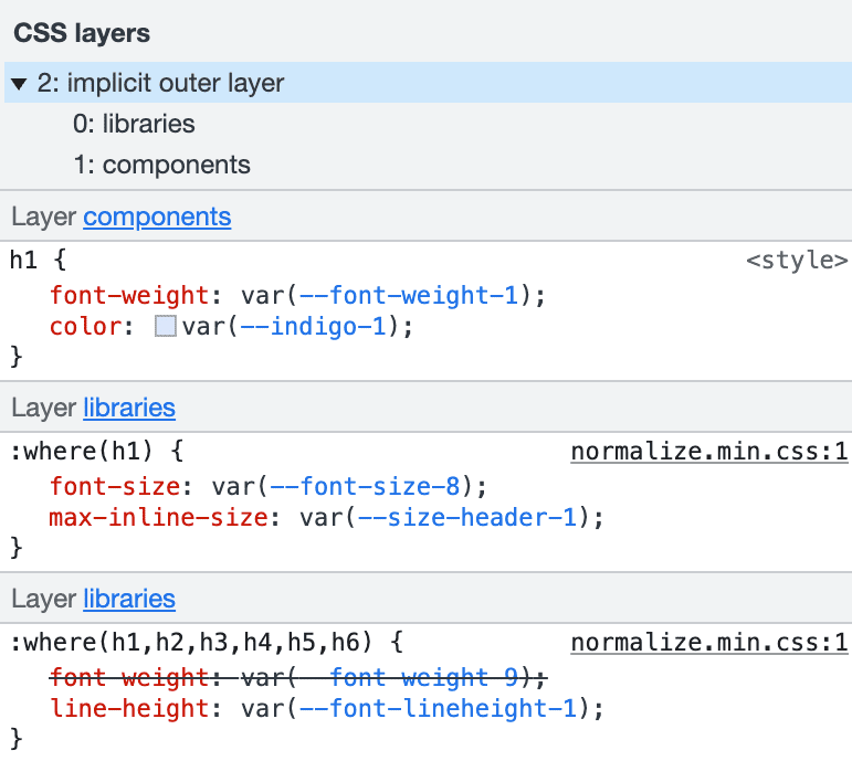 Screenshot of the Styles sidebar of Chrome Devtools, highlighting how styles appear within new Layer groups.