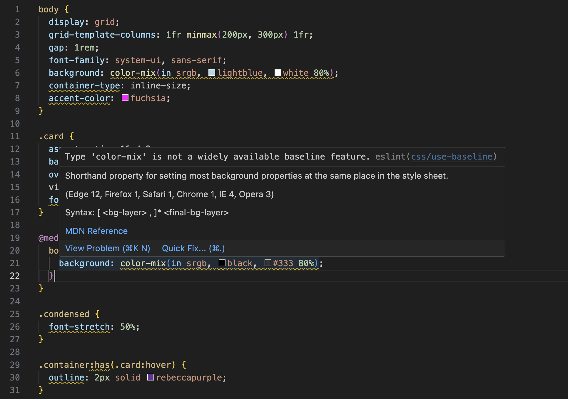 VSCode-এ ব্যবহৃত ESLint প্লাগইন যা বেসলাইন টার্গেটের বাইরের বৈশিষ্ট্যগুলিতে আন্ডারলাইন দেখায়।
