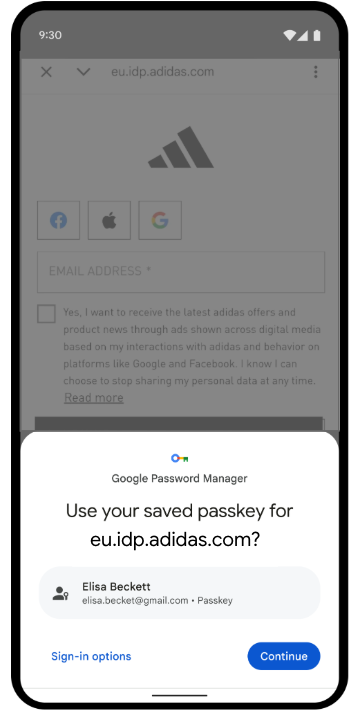Eine Passkey-Aufforderung auf Systemebene auf einem Android-Gerät, in der der Nutzer aufgefordert wird, sich mit seinem gespeicherten Passkey beim adidas-Identitätsanbieter anzumelden.