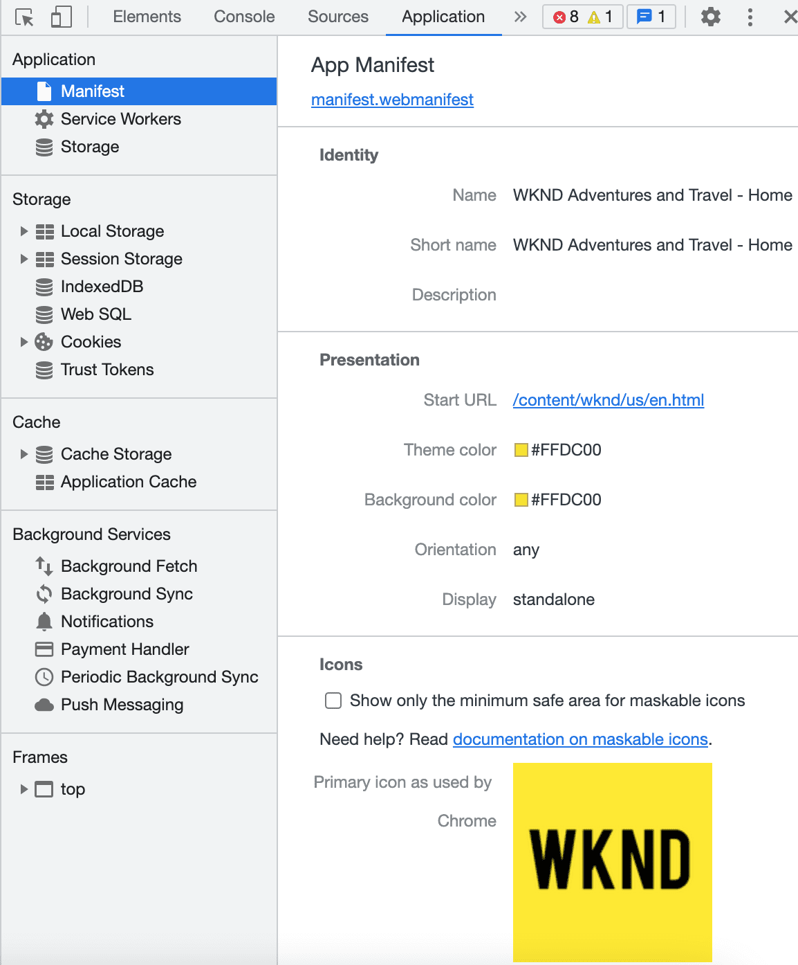 PWA di panel Aplikasi DevTools.