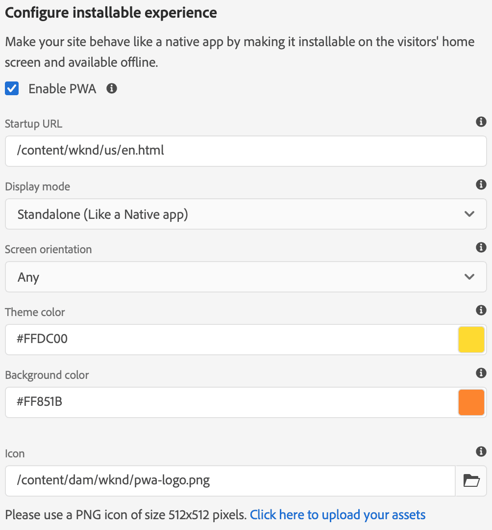 Configuración del manifiesto en el cuadro de diálogo de la experiencia instalable.