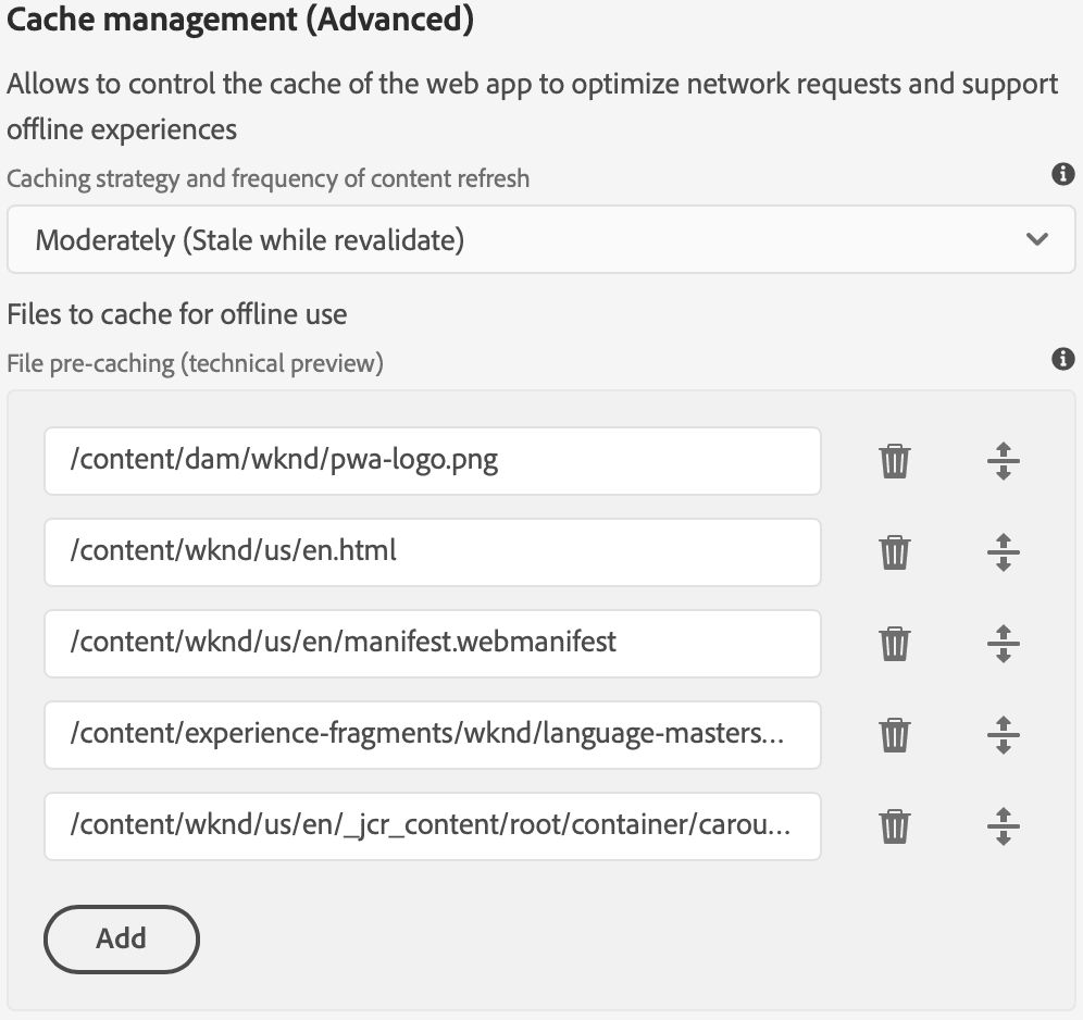 Configuración del service worker mediante el cuadro de diálogo Cache Management (Advanced).