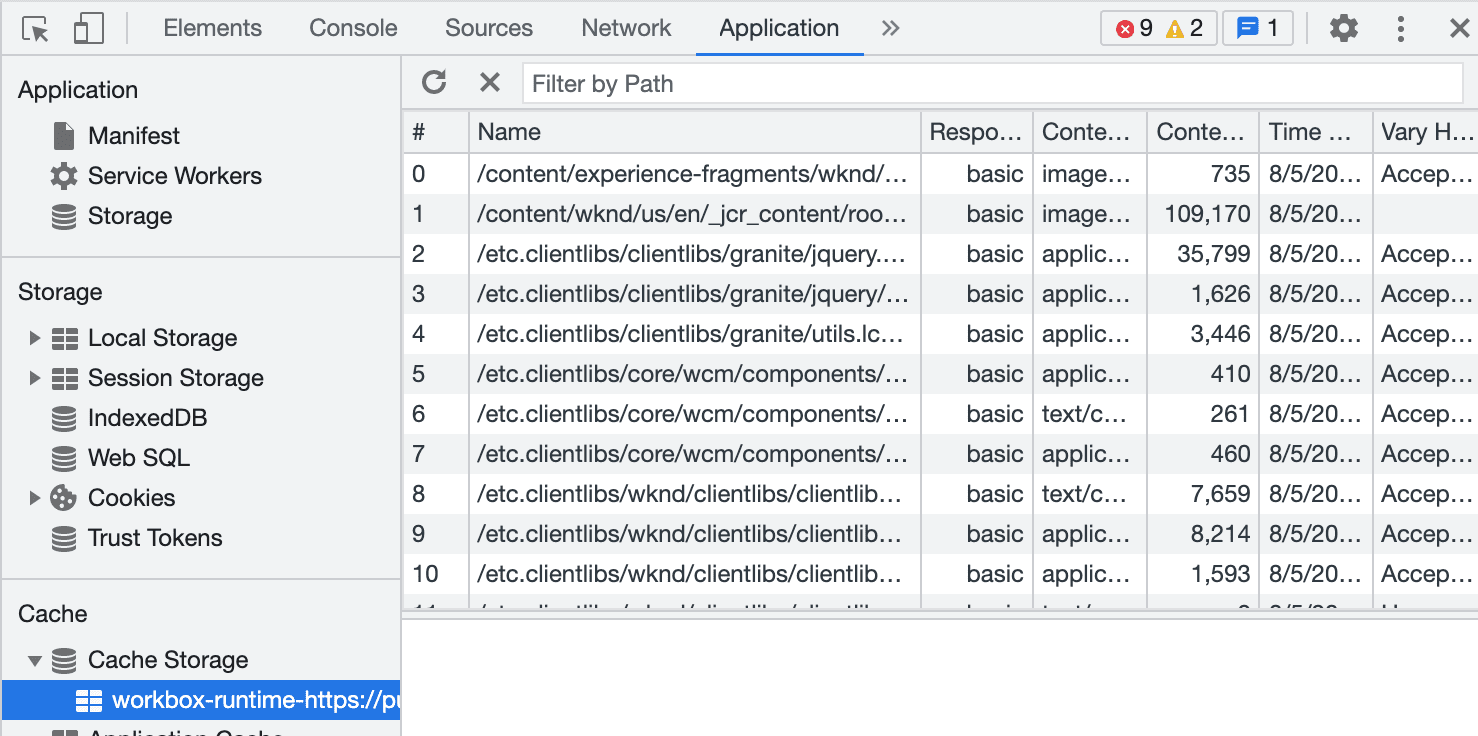 DevTools 中的缓存存储视图。