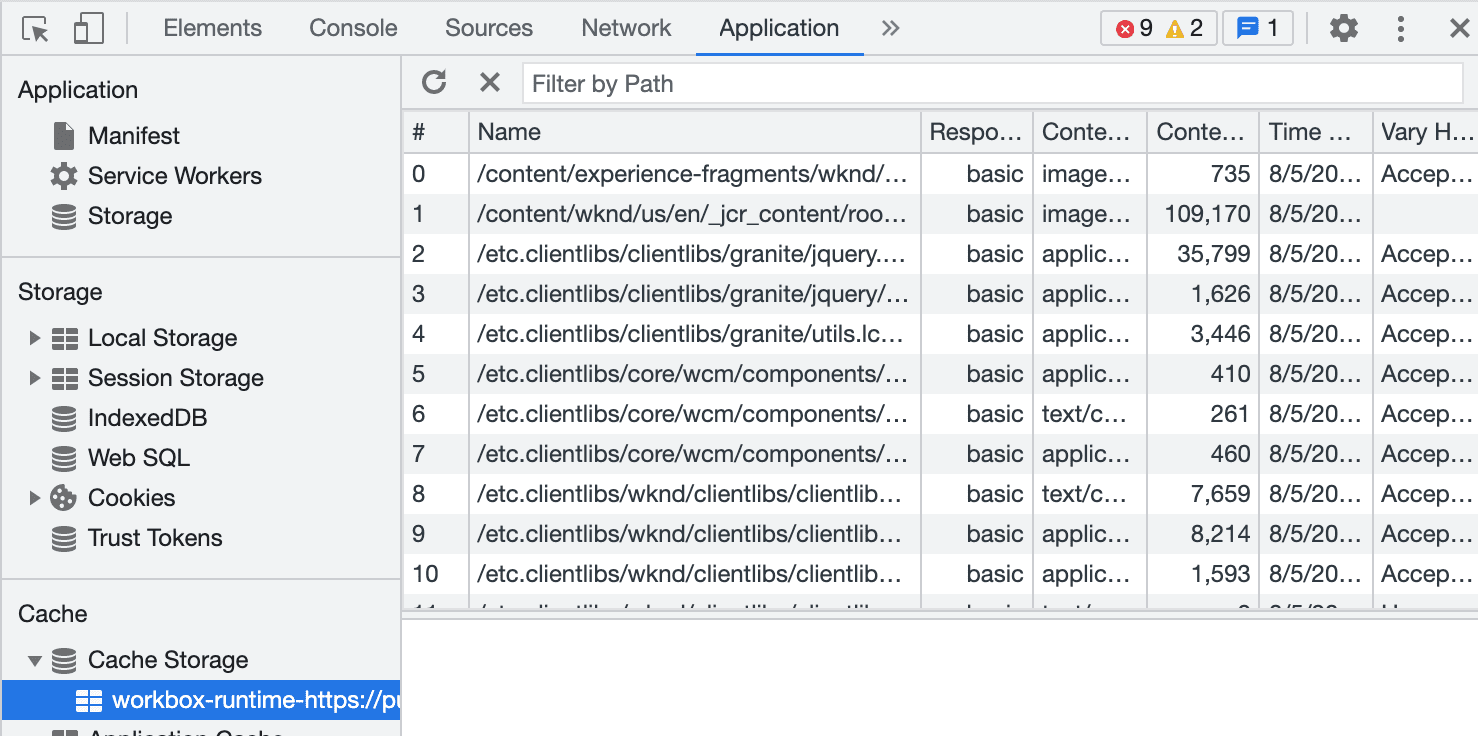 A visualização de armazenamento em cache no DevTools.