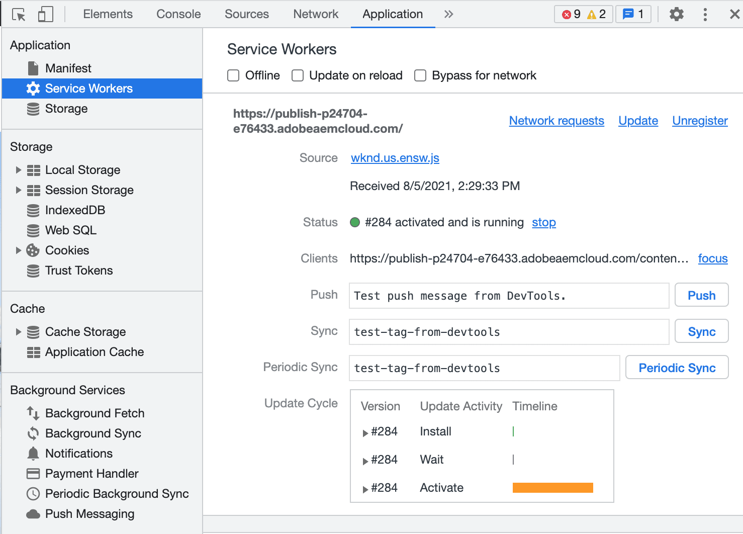 Painel do service worker do DevTools.