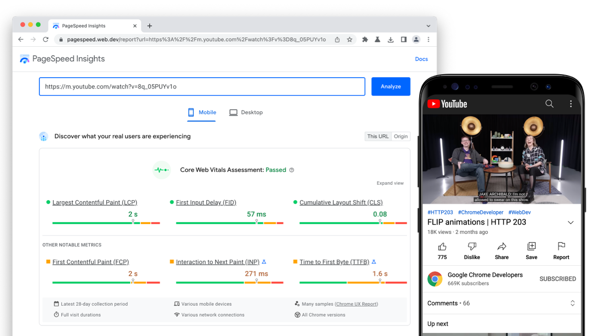 Önemli Web Verileri&#39;ni geçen YouTube Mobil Web için Chrome Kullanıcı Deneyimi Raporu verilerini gösteren PageSpeed Insights.
