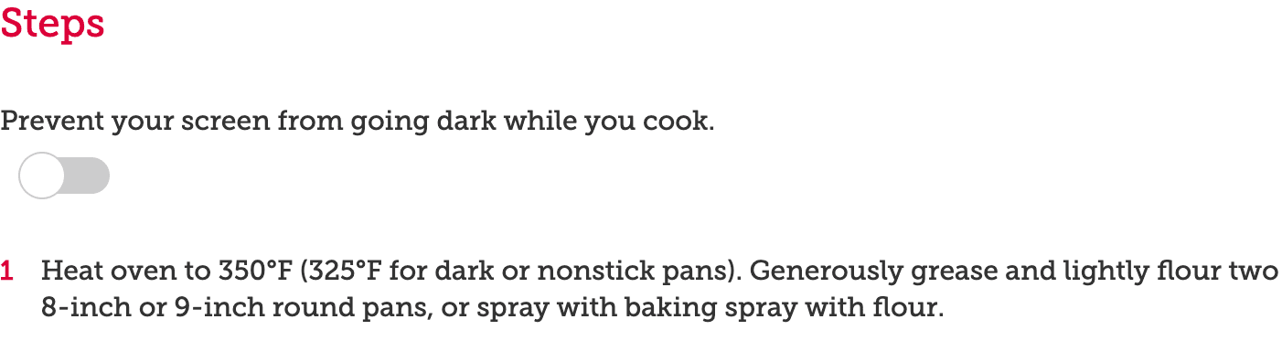 Botão de ativação do wake lock do BettyCrocker.com