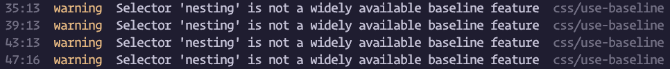 L'imbrication CSS n'était pas largement disponible dans la référence, mais était utilisée dans le code de production. Ici, ESLint vous avertit de ne pas l'utiliser.