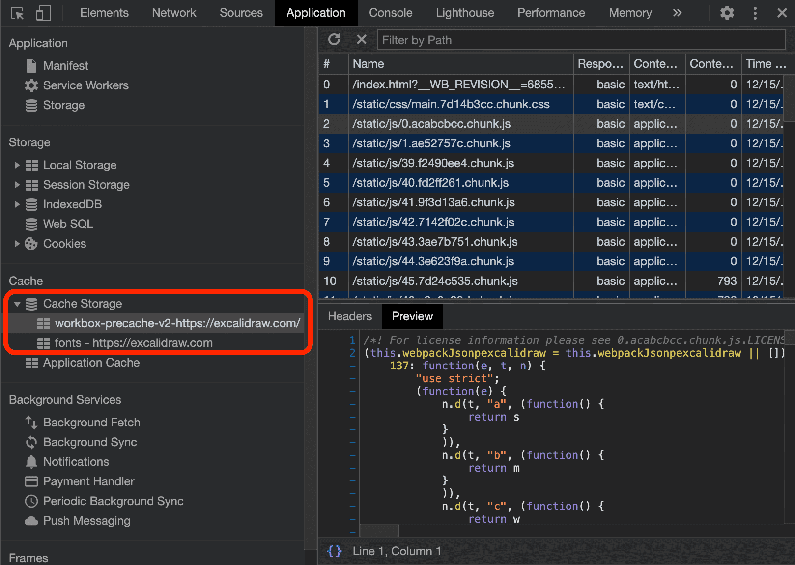 Chrome DevTools के ऐप्लिकेशन टैब में, Excalidraw के दो कैश मेमोरी दिख रहे हैं.