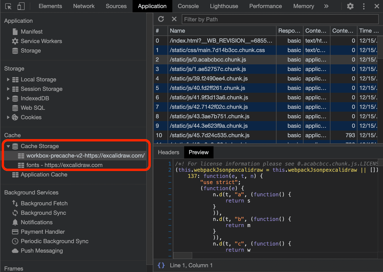 2 つの Excalidraw キャッシュが表示されている Chrome DevTools の [Application] タブ。