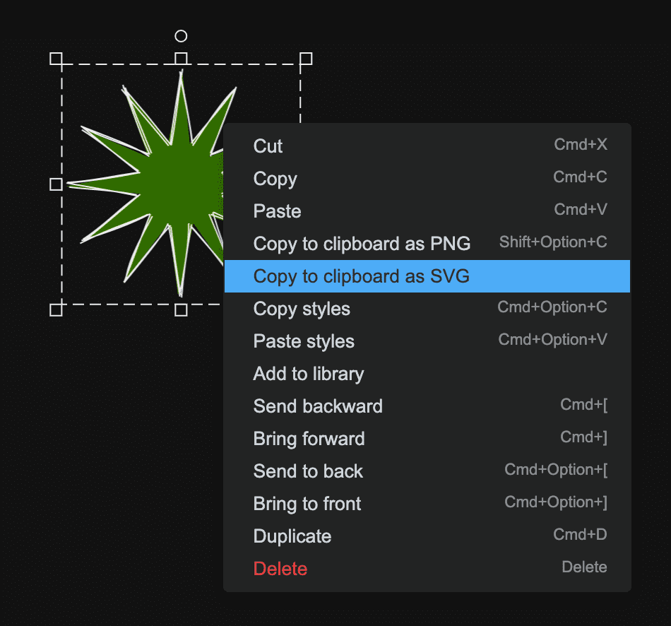 Excalidraw 上下文菜单，其中显示了“复制为 SVG 格式粘贴到剪贴板”和“复制为 PNG 格式粘贴到剪贴板”菜单项。