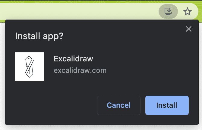 Excalidraw ব্যবহারকারীকে ম্যাকওএস-এ Chrome-এ অ্যাপটি ইনস্টল করার অনুরোধ জানায়।