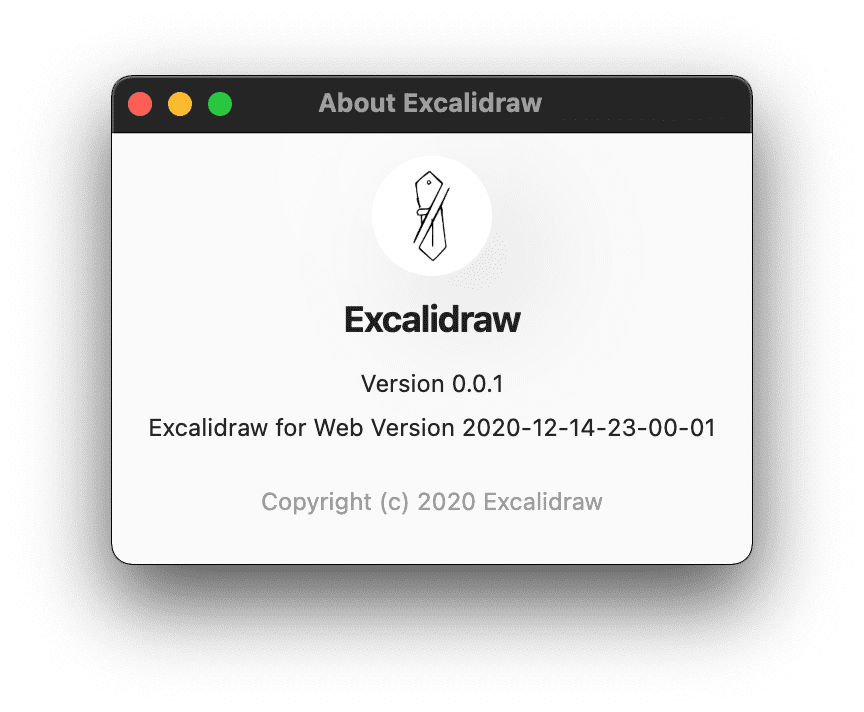 Excalidraw 桌面版《關於》顯示 Electron 包裝函式版本和網頁應用程式版本的視窗。