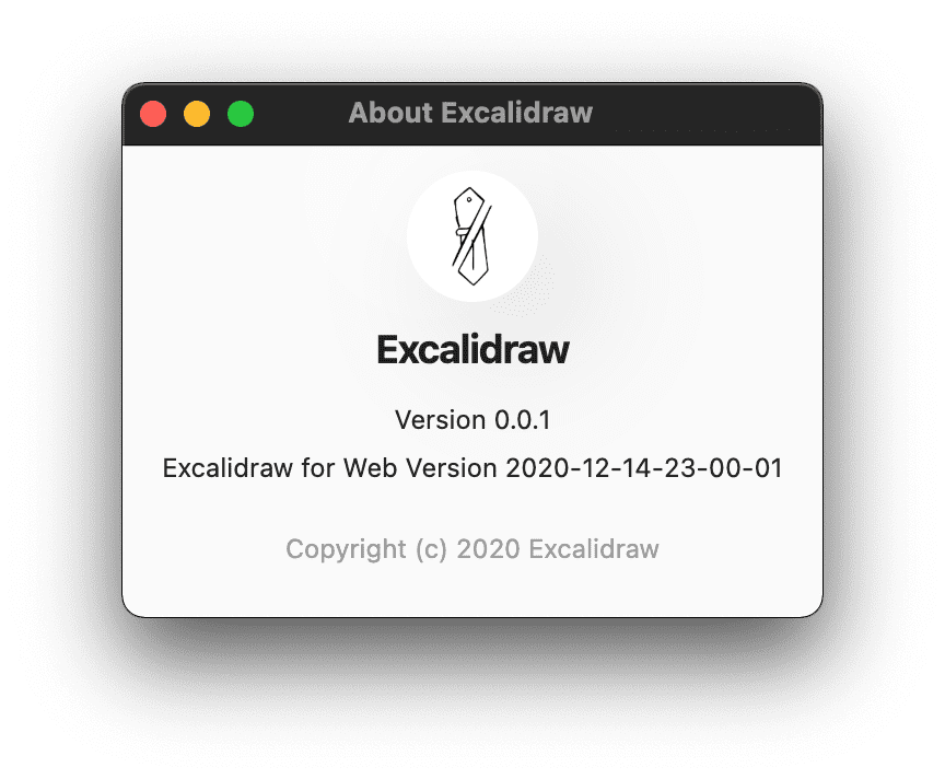 Excalidraw ডেস্কটপ 'সম্পর্কে' উইন্ডোটি ইলেক্ট্রন র‍্যাপার এবং ওয়েব অ্যাপের সংস্করণ প্রদর্শন করছে।
