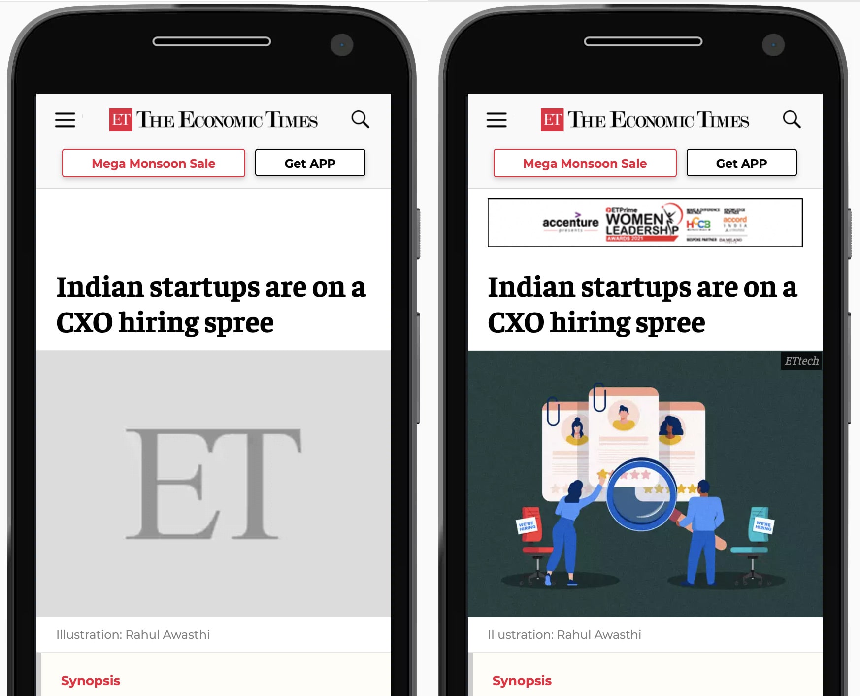 《The Economic Times》網站並列比較在手機上顯示的畫面。左側的灰色預留位置會保留給文章主頁橫幅。右側的預留位置會替換成載入的圖片。