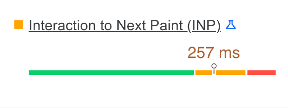 Screenshot der INP-Prüfung in CrUX Die INP für die Seite beträgt 257 Millisekunden, was unter dem Grenzwert für „Optimierung erforderlich“ liegt.