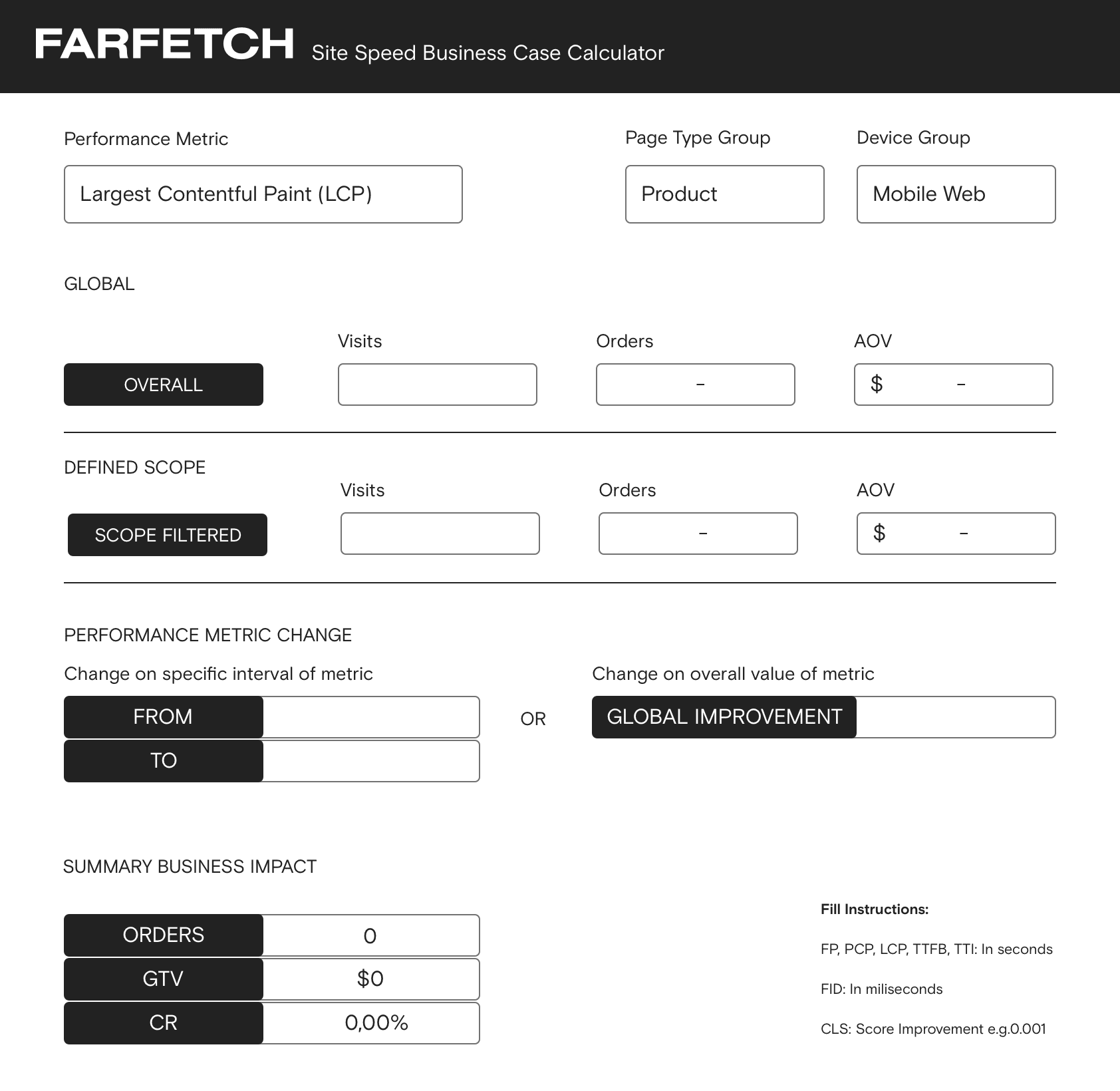 Farfetch 网站速度业务案例计算器的屏幕截图。