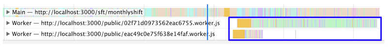Capture d&#39;écran d&#39;un enregistrement du panneau &quot;Performances&quot; des outils pour les développeurs Chrome montrant que l&#39;exécution de script est désormais effectuée sur un worker Web plutôt que sur le thread principal.