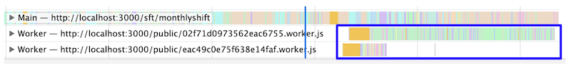스크립팅이 기본 스레드가 아닌 웹 워커에서 발생하고 있음을 보여주는 Chrome DevTools Performance 패널 기록의 스크린샷