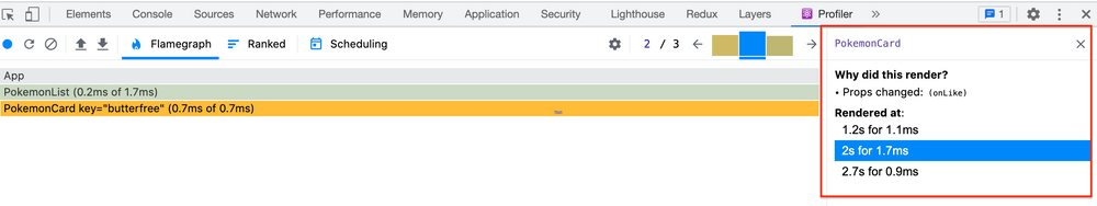 The React Developer Tools profiler showing a flame graph, with a tooltip open on a component explaining that it rerendered because 'Hooks changed'.