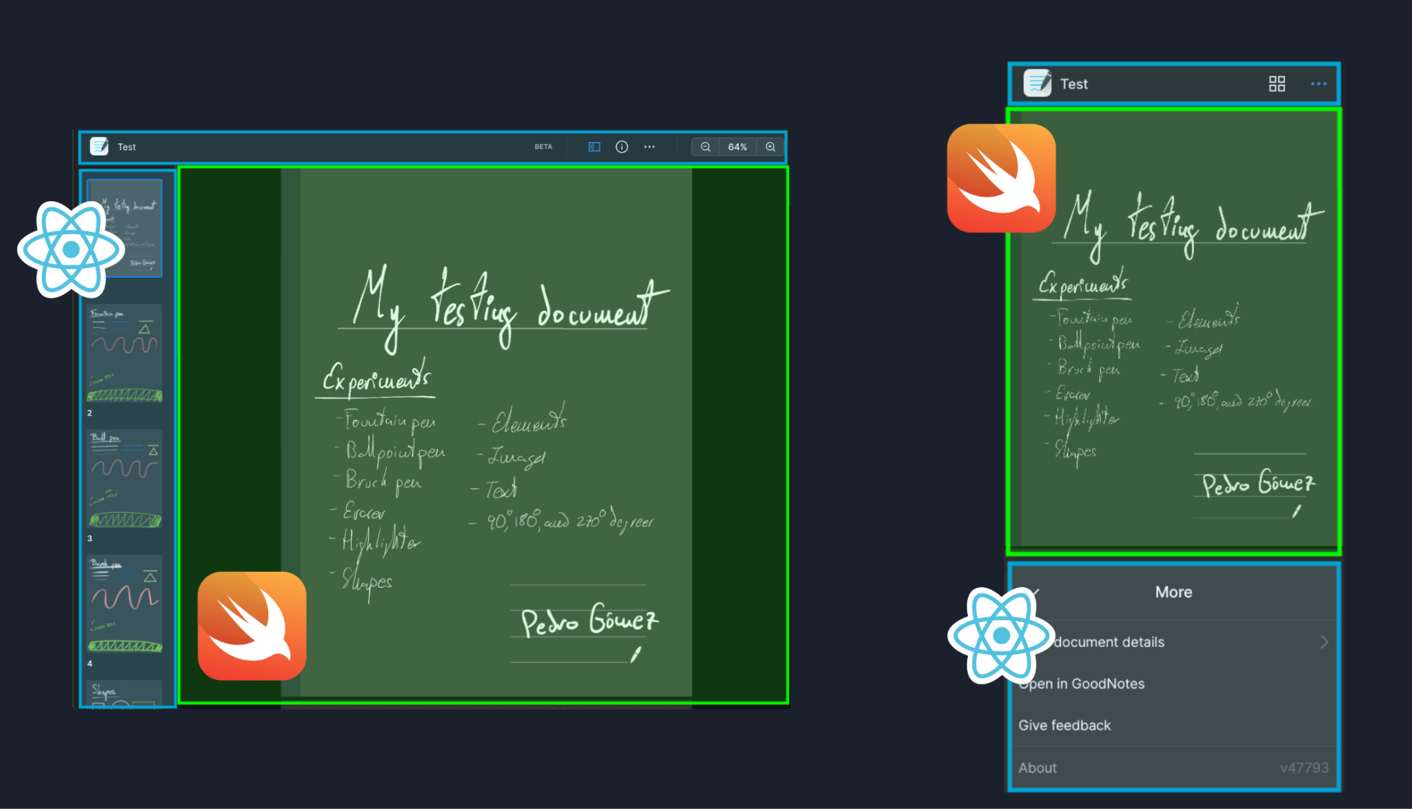 Capturas de tela do app em dispositivos móveis e computadores mostrando as áreas de desenho específicas sendo impulsionadas pelo Wasm e as áreas da interface geradas pelo React.