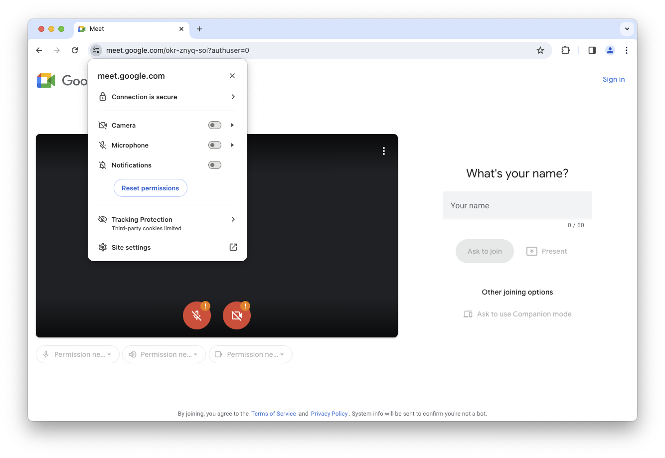 Dialog setelan situs di Chrome akan terbuka untuk aplikasi Meet. Izin ini memungkinkan untuk direset.